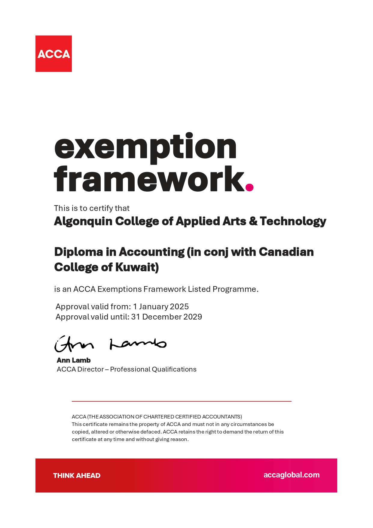 Diploma In Accounting Exemptions Framework Certificate Page 0001